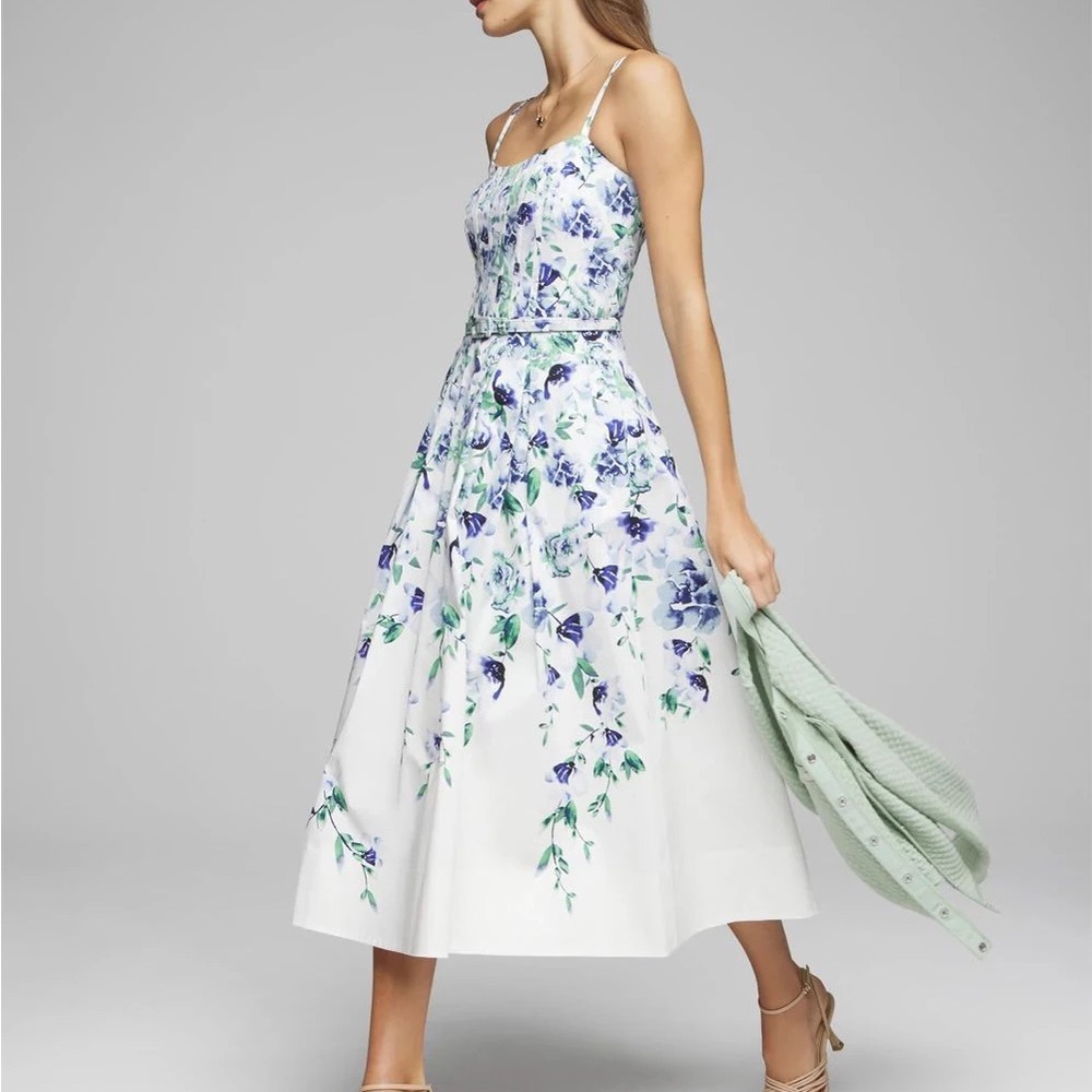 Floral Midi Dress in White and Blue